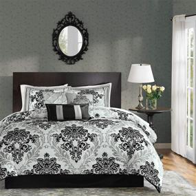 img 4 attached to Madison Park Bella Comforter Set: Stylish Damask Design for Cozy Bedding - Queen Size, Black - Includes Bedskirt, Shams, and Decorative Pillows, All-Season 7 Piece Set