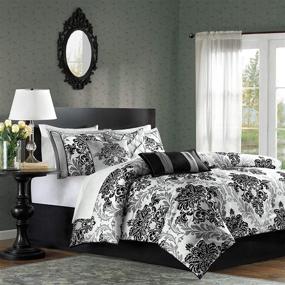 img 3 attached to Madison Park Bella Comforter Set: Stylish Damask Design for Cozy Bedding - Queen Size, Black - Includes Bedskirt, Shams, and Decorative Pillows, All-Season 7 Piece Set