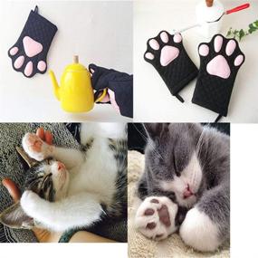 img 2 attached to 🐱 Премиумный силиконовый кухонный варежка с дизайном кошки: термостойкая перчатка для готовки с хлопковой подкладкой - идеально подходит для гриля, выпечки, барбекю, микроволновой печи - набор кухонных инструментов в подарок - стильный черный