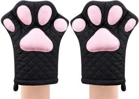 img 4 attached to 🐱 Премиумный силиконовый кухонный варежка с дизайном кошки: термостойкая перчатка для готовки с хлопковой подкладкой - идеально подходит для гриля, выпечки, барбекю, микроволновой печи - набор кухонных инструментов в подарок - стильный черный