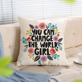 img 3 attached to 🌼 Ogiselestyle 'Change The World' Motivational Throw Pillow Cover 18" x 18" - Home Decorative Cotton Linen Floral Cushion for Sofa Couch