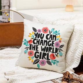 img 2 attached to 🌼 Ogiselestyle 'Change The World' Motivational Throw Pillow Cover 18" x 18" - Home Decorative Cotton Linen Floral Cushion for Sofa Couch