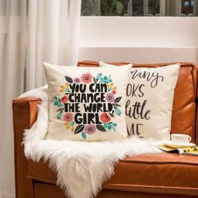 img 1 attached to 🌼 Ogiselestyle 'Change The World' Motivational Throw Pillow Cover 18" x 18" - Home Decorative Cotton Linen Floral Cushion for Sofa Couch