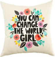 🌼 ogiselestyle 'change the world' motivational throw pillow cover 18" x 18" - home decorative cotton linen floral cushion for sofa couch логотип