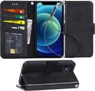 iphone 12 mini wallet case flip cover with card holder and wrist strap for arae compatible with iphone 12 mini 5.4 inch - black logo
