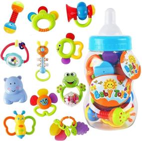 img 4 attached to 👶 WISHTIME Baby Rattles Teethers for Newborns - 11 Piece Set with Hand Development Rattle Toys and Giant Bottle - Gifts for Infants Age 0-12 Months - Ideal for Boys and Girls