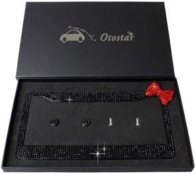 img 1 attached to 🎀 OTOSTAR Handcrafted Bling Rhinestones Stainless Steel Car License Plate Frame with Matching Screw Caps (Black/Red Bowknot)