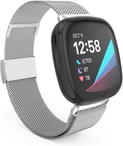 img 4 attached to 💪 Заменяемые браслеты из нержавеющей стали HAYUL для умных часов Fitbit Versa 3/Sense (большой размер, серебристый цвет) - совместимые браслеты для женщин и мужчин