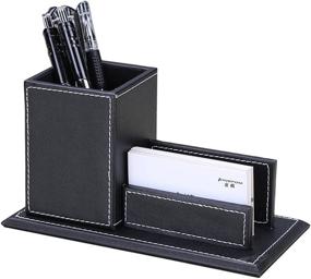 img 3 attached to 🖊️ Efficient and Stylish KINGFOM Office Multipurpose Leatherette Desktop Mesh Pen Pencil Holder and Business Card Organizer (Black)