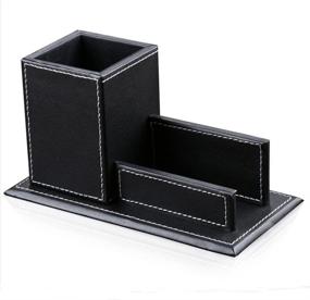 img 4 attached to 🖊️ Efficient and Stylish KINGFOM Office Multipurpose Leatherette Desktop Mesh Pen Pencil Holder and Business Card Organizer (Black)