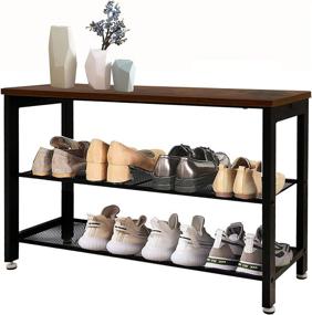 img 4 attached to Entryway Shoe Rack and Storage Bench - 3-Tier Shoe Organizer with 2 Mesh Shelves, 👞 32 Inch Sturdy Bench, Made with 30% Thicker Steel Pipe - Ideal for Entryway, Hallway, Rustic Brown