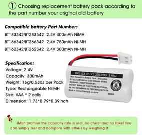 img 3 attached to 🔋 iMah BT162342/BT262342 2.4V 300mAh Ni-MH Cordless Phone Battery Pack: Compatible with BT183342/BT283342 AT&amp;T EL52351 TL90070 VTech CS5119 DS6511 DS6722 LS6305 Handset, 5-Pack