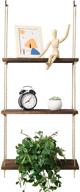 rustic 3 tier wood brown floating shelves with rope: potey wall hanging plant shelf for window/kitchen/bathroom/bedroom – perfect indoor rustic storage rack for succulents and home decor logo