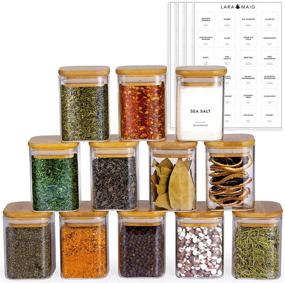 img 4 attached to 🏺 Laramaid 7oz 12Packs Glass Jars Set, Square Spice Jars with Bamboo Lids and Custom Labels, Food Storage Canisters for Home Kitchen, Spices, Herbs, Seasonings, Seeds, Tea, Sugar, Salt