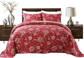 img 1 attached to 🌺 HNNSI Red Floral 3-Piece Comforter Set: Comfy, Soft Bedding with Red Flower Patchwork - Queen Size