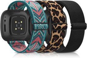 img 4 attached to 🌿 3-Pack Adjustable Nylon Sport Stretch Wristbands for Fitbit Versa 3 & Fitbit Sense - Elastic Bands Compatible with Versa 3 Bands - Women Men - Black, Green Arrow, and Leopard