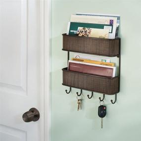 img 2 attached to 📬 Bronze 2-Tier Mail Organizer Storage Basket with Hooks - Ideal for Entryway, Mudroom, Office - Holds Letters, Magazines, Coats, Leashes, Keys - mDesign Wall Mount Metal Woven