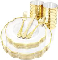 🍽️ bucla 180pcs clear and gold plastic partyware set | disposable silverware, cups, plates: 60 gold plates, 30 cups, 30 forks, 30 knives, 30 spoons logo