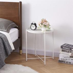 img 3 attached to Modern White Metal Tray End Table - Round Accent Coffee Side Table, Anti-Rust & Waterproof Outdoor/Indoor Small Side Table for Living Room, Bedroom, Balcony, and Bedside Use