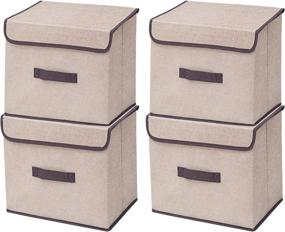 img 4 attached to 📦 Beige Fabric Collapsible Storage Cubes Bins with Lid - 4 Pack Closet Organizer Containers with Lids for Clothes, Toys, Books - 10x10x15 Inch Clothing Storage Boxes with Covers