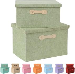 img 4 attached to 📦 Linen Storage Baskets with Lids - Enzk&amp;Unity Foldable Fabric Storage Box with Handle | Home Organizer for Shelf, Closet, Nursery, Bedroom, Living Room, Office | 2 Pack, Light Green
