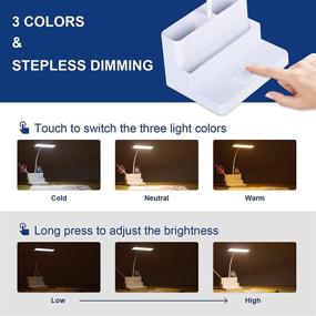 img 2 attached to 🔦 Versatile and Eye-Friendly LED Desk Lamp with Pen/Phone Holder: Rechargeable, Flexible Gooseneck, 3 Color Modes, Stepless Dimming - Ideal for Office, Dorm, or Bedroom (White)