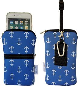 img 4 attached to 📱 Tainada Neoprene Shockproof Phone Sleeve Case Bag with Carabiner and Lanyard - Anchor Pattern Blue for iPhone 13 Pro Max, Samsung S21+, Note 20