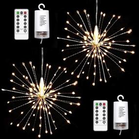 img 3 attached to 🎆 150 LED Copper Wire Starburst String Lights - Firework Fairy Lights with Remote Control for Party, Patio, Wedding, Waterproof Decoration - Pack of 2, Warm White, Battery Operated