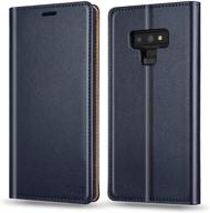 samsung galaxy note 9 wallet case, genuine leather folio flip cover 📱 with rfid blocking, credit card holder and kickstand function - men dark blue logo