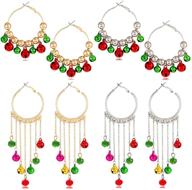 🎁 stylish 4 pairs xmas hoop earrings set: jingle bell beads and tassel drops for women and girls - perfect gift jewelry for christmas holiday parties logo