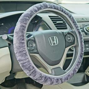 img 4 attached to Fuzzy Steering Wheel Cover Elastic Stretch Plush Gray Universal Fit 14&#34