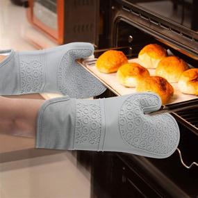 img 3 attached to 🧤 Quilted Liner Silicone Oven Mitts - Heat Resistant Pot Holders with Mini Oven Mittens - Flexible Grey Oven Gloves, 15inch