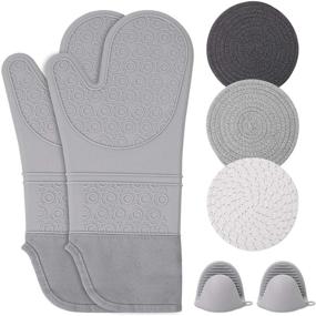 img 4 attached to 🧤 Quilted Liner Silicone Oven Mitts - Heat Resistant Pot Holders with Mini Oven Mittens - Flexible Grey Oven Gloves, 15inch