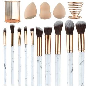 img 4 attached to 🌸 XIMAJIA Marble Makeup Brush Set 10 with Brush Holder and 3 Makeup Sponge with Metal Holder - Premium Synthetic Foundation Brushes for Blending Face Powder, Eye Shadows - Rose Gold Makeup Brushes Kit