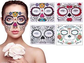 img 4 attached to 🌺 Vibrant Day of The Dead Sugar Skull Temporary Tattoos - Perfect for Halloween Makeup & Masquerade Parties!