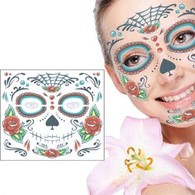 img 1 attached to 🌺 Vibrant Day of The Dead Sugar Skull Temporary Tattoos - Perfect for Halloween Makeup & Masquerade Parties!