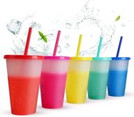 color-changing cups with lids & straws - 5 pack 16oz plastic kids tumbler set for adults - reusable cold drinking cup - bulk travel tumbler for beverages, juice, smoothies, and iced coffee logo