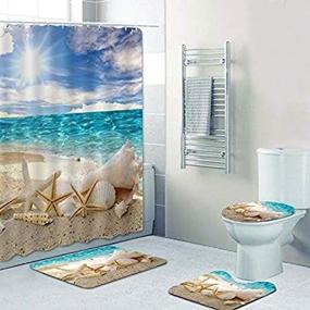 img 1 attached to Waterproof Shower Curtains with Non-slip Bath Rugs and Toilet Lid Cover Set - Beach Starfish Sun Design