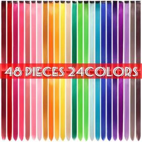 img 4 attached to 48-Piece Vibrant Straight Hair Extensions: 21-Inch Rainbow Multi-color Clip-in Synthetic Long Hairpiece 🌈 for Parties, Highlights, and Gifts - Colorful Clip-in Hair Extensions for Women, Girls, and Kids