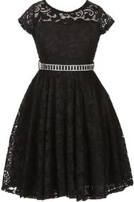 img 4 attached to Cap Sleeve Lace Skater Dress with Stone Belt and Flower Accents for Little Girls