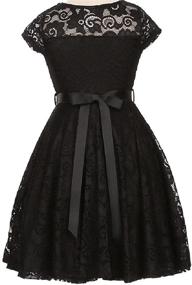 img 3 attached to Cap Sleeve Lace Skater Dress with Stone Belt and Flower Accents for Little Girls