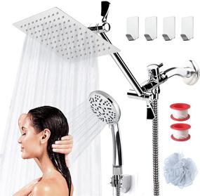img 4 attached to COSYLAND 8-Inch High Pressure Rainfall Shower Head with Handheld Combo: 9 Settings, 11-Inch Extension Arm, 60-Inch Hose, Stainless Steel Bath Showerhead - Height/Angle Adjustable with Holder, Pipe Sealant Tape Included