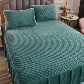 img 2 attached to 🛏️ JAUXIO Green King-Size Diamond Quilted Velvet Bedspread with 18" Deep Ruffles Drop Fitted Sheet Bed Skirt, featuring Tassels Decorative Fringe