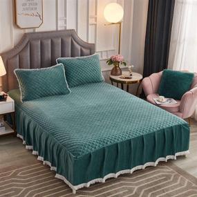 img 4 attached to 🛏️ JAUXIO Green King-Size Diamond Quilted Velvet Bedspread with 18" Deep Ruffles Drop Fitted Sheet Bed Skirt, featuring Tassels Decorative Fringe