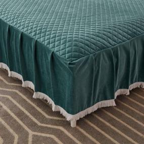 img 1 attached to 🛏️ JAUXIO Green King-Size Diamond Quilted Velvet Bedspread with 18" Deep Ruffles Drop Fitted Sheet Bed Skirt, featuring Tassels Decorative Fringe