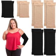 👩 4 pairs women's arm compression sleeves for tattoo cover up, slimming, and fat loss + 2 pairs calf compression sleeves, in black and beige logo