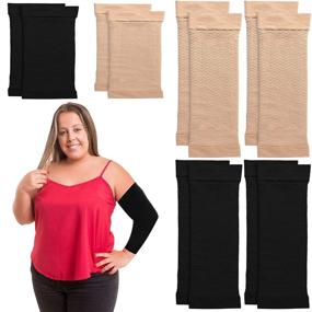 img 4 attached to 👩 4 Pairs Women's Arm Compression Sleeves for Tattoo Cover Up, Slimming, and Fat Loss + 2 Pairs Calf Compression Sleeves, in Black and Beige