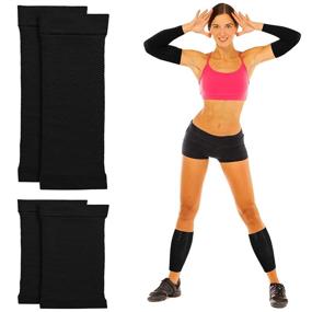 img 1 attached to 👩 4 Pairs Women's Arm Compression Sleeves for Tattoo Cover Up, Slimming, and Fat Loss + 2 Pairs Calf Compression Sleeves, in Black and Beige