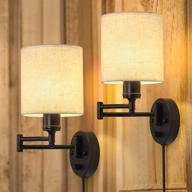 set of 2 plug-in swing arm wall lamps with linen lampshade – modern bedroom sconce fixtures for reading, hallway, living room логотип