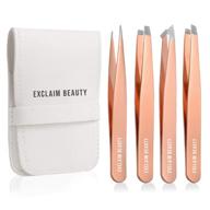 💫 exclaim beauty rose gold tweezers set - precision eyebrow & ingrown hair removal kit for women & men - pack of 4 stainless steel tweezers in leather case logo